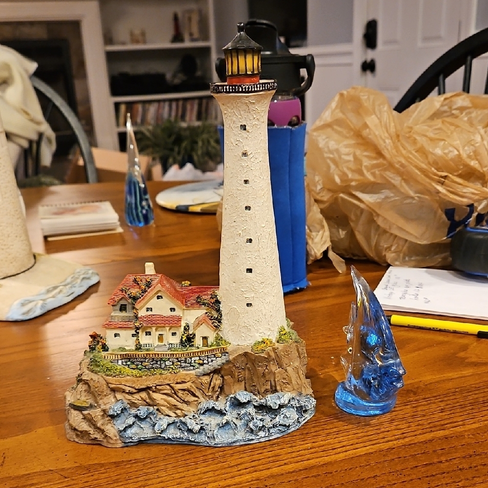 Nautical Lighthouse Sculpture with Blue and White Accents